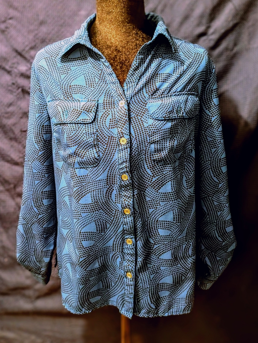 Notations Blue Patterned Long-Sleeve Womans Button-Up Shirt Sz S